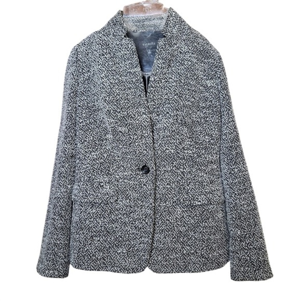 Talbots One‎ Button Blazer Black and White Tweed Jacket Lined Size Small
